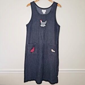Vtg Mandal Bay Hen Patch Jumper Dress Denim Overall Teacher Grandma Chicken Sz L